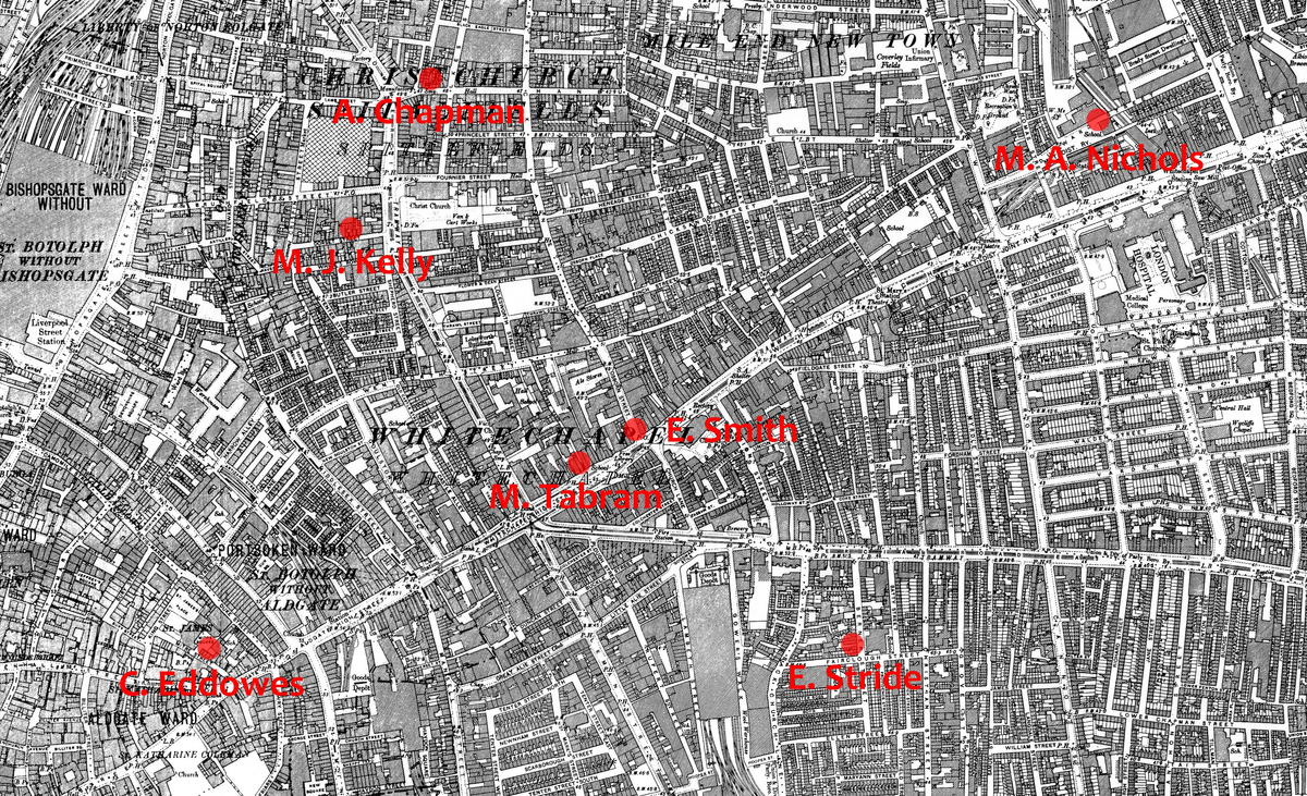 Übersichtskarte der Morde von Jack the Ripper (inkl. der beiden frühen Morde Smith und Tabram, die ihm nicht unbestritten zugeordnet werden) Übersichtskarte der Morde von Jack the Ripper (inkl. der beiden frühen Morde Smith und Tabram, die ihm nicht unbestritten zugeordnet werden)